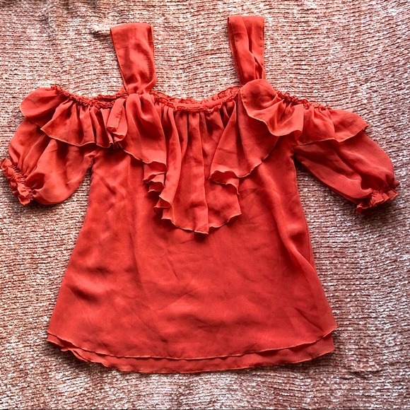 Red Coral Off-The-Shoulder Ruffle Top - Picture 2 of 5